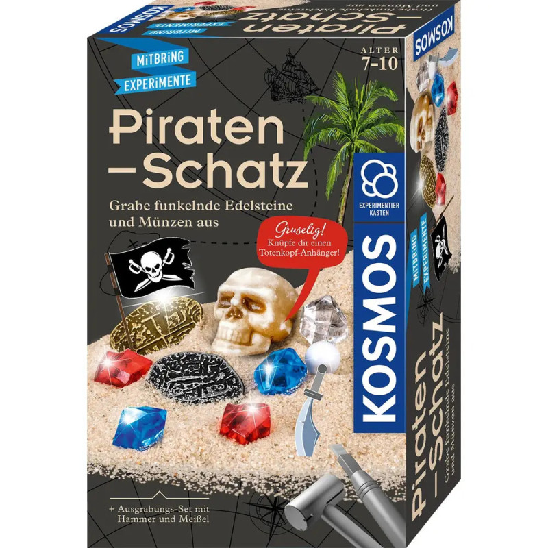 Piratenschatz-Ausgrabungsset mit Edelsteinen, Münzen, Totenkopf und Werkzeugen für Kinder von 7-10 Jahren. Piratenschatz-Ausgrabungsset mit Edelsteinen, Münzen, Totenkopf und Werkzeugen für Kinder von 7-10 Jahren.
