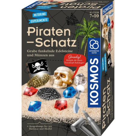 Piratenschatz-Ausgrabungsset mit Edelsteinen, Münzen, Totenkopf und Werkzeugen für Kinder von 7-10 Jahren. Piratenschatz-Ausgrabungsset mit Edelsteinen, Münzen, Totenkopf und Werkzeugen für Kinder von 7-10 Jahren.