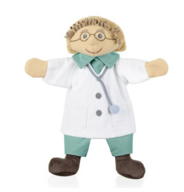 Plüschpuppe als Arzt mit Brille, weißem Kittel, grüner Kleidung und Stethoskop.