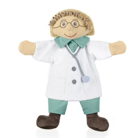 Plüschpuppe als Arzt mit Brille, weißem Kittel, grüner Kleidung und Stethoskop. Plüschpuppe als Arzt mit Brille, weißem Kittel, grüner Kleidung und Stethoskop.