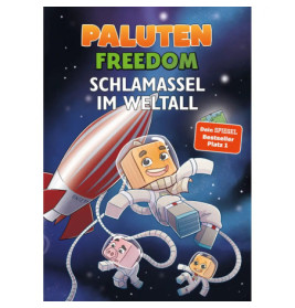 Cartoon-Blockfiguren treiben mit Rakete und Sternen im All deutscher Text auf dem Buchcover.
