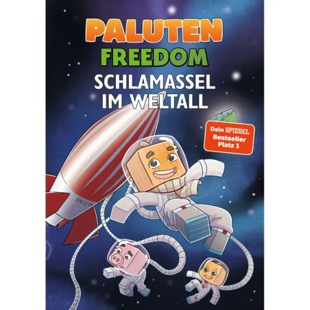 Cartoon-Blockfiguren treiben mit Rakete und Sternen im All deutscher Text auf dem Buchcover. Cartoon-Blockfiguren treiben mit Rakete und Sternen im All deutscher Text auf dem Buchcover.