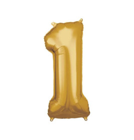 Goldener Folienballon in Form der Zahl Eins vor weißem Hintergrund.