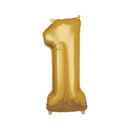 Goldener Folienballon in Form der Zahl Eins vor weißem Hintergrund. Goldener Folienballon in Form der Zahl Eins vor weißem Hintergrund.