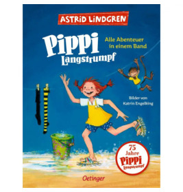 Illustration: Pippi Langstrumpf mit lächelndem Mädchen, Affe und Pferd vor blauem Hintergrund.