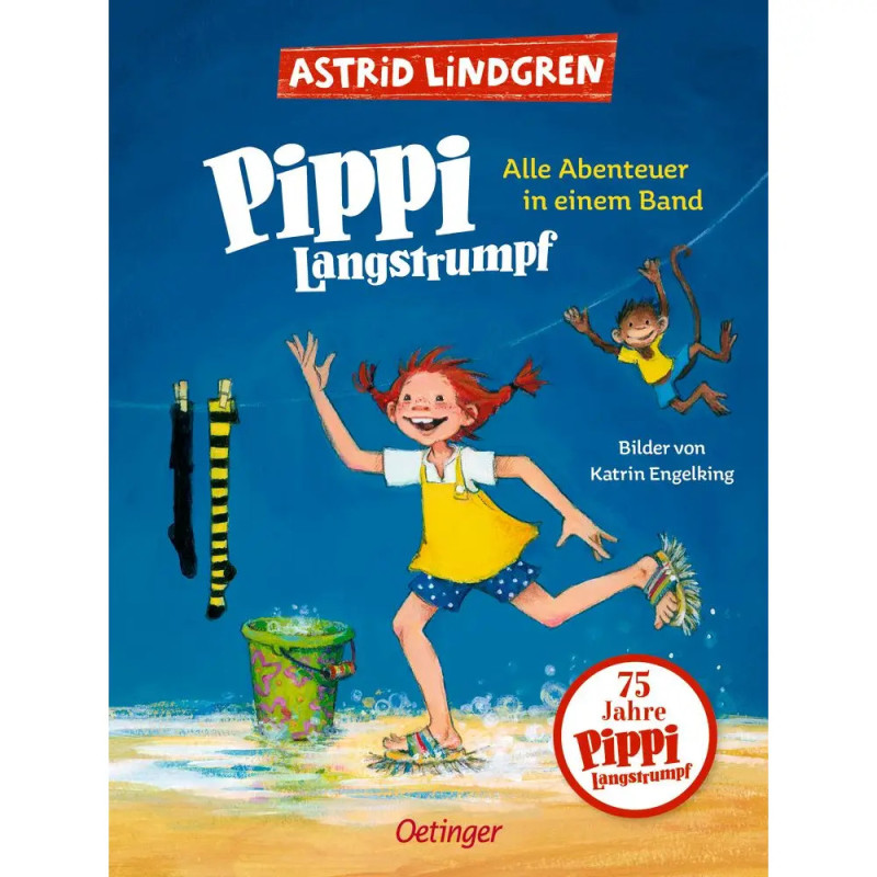 Illustration: Pippi Langstrumpf mit lächelndem Mädchen, Affe und Pferd vor blauem Hintergrund. Illustration: Pippi Langstrumpf mit lächelndem Mädchen, Affe und Pferd vor blauem Hintergrund.