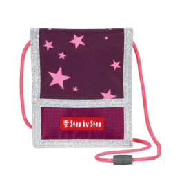 Lila-pinke Stern-Mäppchen mit silberner Umrandung, pinkem Band und Step by Step-Logo.