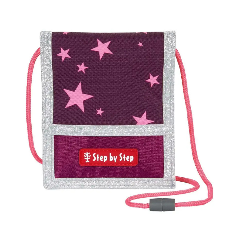 Lila-pinke Stern-Mäppchen mit silberner Umrandung, pinkem Band und Step by Step-Logo. Lila-pinke Stern-Mäppchen mit silberner Umrandung, pinkem Band und Step by Step-Logo.