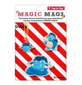 Drei blaue Comic-Monster mit verschiedenen Gesichtsausdrücken auf rot-weiß gestreifter MAGIC MAGS Verpackung.