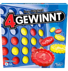 Spieleschachtel von 4 Gewinnt mit roten und gelben Spielsteinen auf einem blauen Raster.