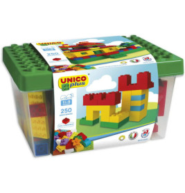 UNICO Plus Bausteine, 250 Stück, in Kunststoffbox, für Kinder von 1,5 bis 5 Jahren, bunte Steine sichtbar.