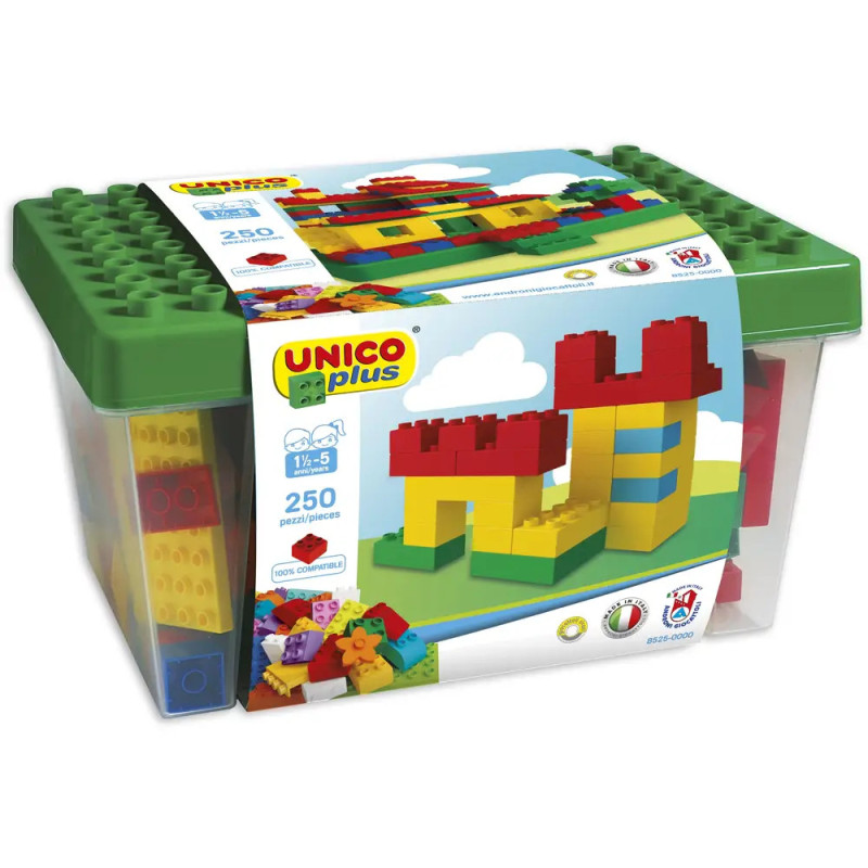 UNICO Plus Bausteine, 250 Stück, in Kunststoffbox, für Kinder von 1,5 bis 5 Jahren, bunte Steine sichtbar. UNICO Plus Bausteine, 250 Stück, in Kunststoffbox, für Kinder von 1,5 bis 5 Jahren, bunte Steine sichtbar.