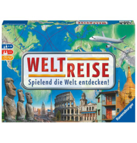 Spieleschachtel Weltreise mit Weltwahrzeichen, Flugzeug und dem Schriftzug Spielend die Welt entdecken!.
