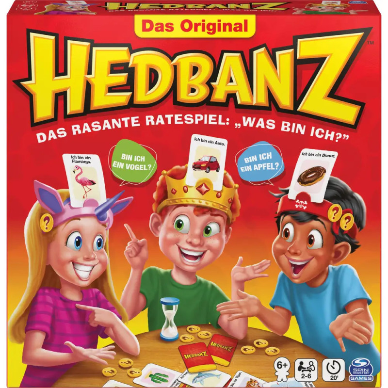 Drei Kinder spielen Hedbanz und tragen Stirnbänder mit Karten, auf denen Tiere oder Gegenstände abgebildet sind. Drei Kinder spielen Hedbanz und tragen Stirnbänder mit Karten, auf denen Tiere oder Gegenstände abgebildet sind.