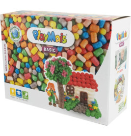 PlayMais Basic: Box mit bunten Maisstückchen, vorne Abbildungen von Baum, Figur und Haus.
