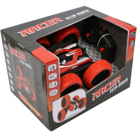 Rotes und schwarzes RC-Stuntauto Racer Flip Over in Verpackung, geeignet ab 5 Jahren.