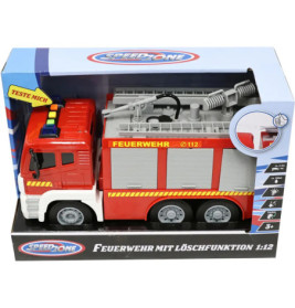 Spielzeug-Feuerwehrauto in Verpackung mit Aufschrift "Feuerwehr mit Löschfunktion" und "Test Me"-Label.