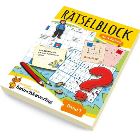 Buntes deutsches Rätselbuch mit Kreuzworträtsel, rotem Fragezeichen und Comicjunge geeignet ab 9 Jahren.