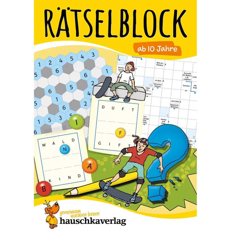 Buntes Rätselblock-Cover mit Kindern, Rätseln und großem Fragezeichen geeignet für Kinder ab 10 Jahren.