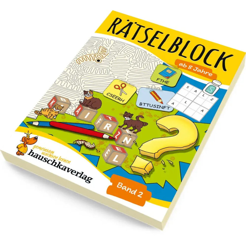 Buntes deutsches Kinder-Rätselbuch Rätselblock mit verspielten Illustrationen und Spielen.