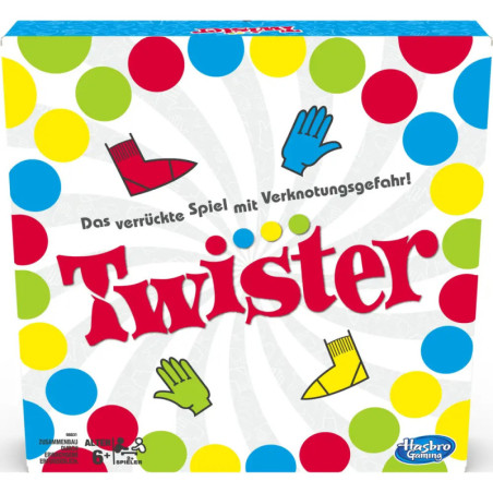 Twister-Spielschachtel mit bunten Punkten sowie gezeichneten Händen und Füßen auf weißem, wirbelndem Hintergrund.