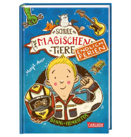 Buchcover mit einem gezeichneten Jungen, einem Helm mit Meerschweinchen und weiteren Tieren auf blauem Hintergrund.