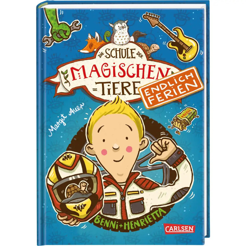 Buchcover mit einem gezeichneten Jungen, einem Helm mit Meerschweinchen und weiteren Tieren auf blauem Hintergrund. Buchcover mit einem gezeichneten Jungen, einem Helm mit Meerschweinchen und weiteren Tieren auf blauem Hintergrund.