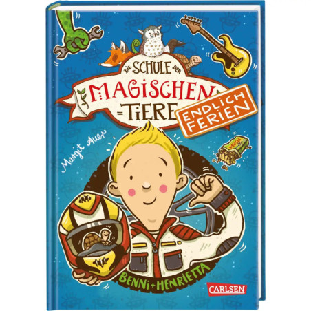 Buchcover mit einem gezeichneten Jungen, einem Helm mit Meerschweinchen und weiteren Tieren auf blauem Hintergrund.