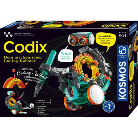 Codix-Bausatz für mechanische Coding-Roboter (8-14 Jahre) mit Bildern des zusammengebauten Roboters.