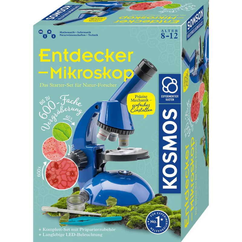 Box eines blauen Kinder-Mikroskop-Sets Entdecker-Mikroskop für 8-12 Jahre, Hersteller: Kosmos. Box eines blauen Kinder-Mikroskop-Sets Entdecker-Mikroskop für 8-12 Jahre, Hersteller: Kosmos.