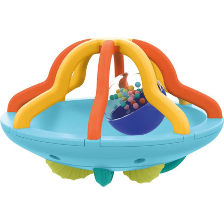 Buntes Spielzeug mit blauem Sockel, gelb-orangenen Bögen und einer durchsichtigen Kugel mit bunten Perlen. Buntes Spielzeug mit blauem Sockel, gelb-orangenen Bögen und einer durchsichtigen Kugel mit bunten Perlen.