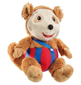 Braunes Plüscheckhörnchen mit lächelndem Gesicht und rot-blauen Latzhosen.