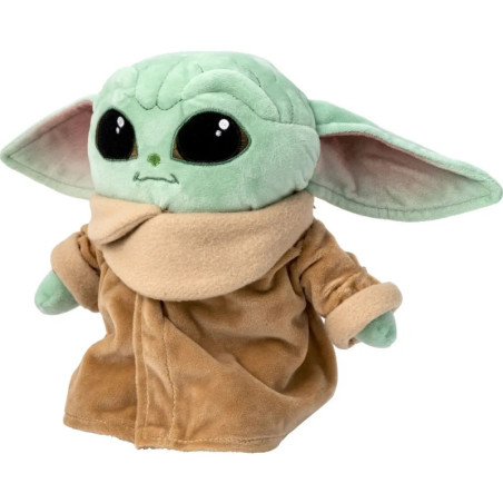 Plüschfigur von Baby Yoda (Grogu) mit großen Ohren, schwarzen Augen und braunem Gewand. Plüschfigur von Baby Yoda (Grogu) mit großen Ohren, schwarzen Augen und braunem Gewand.