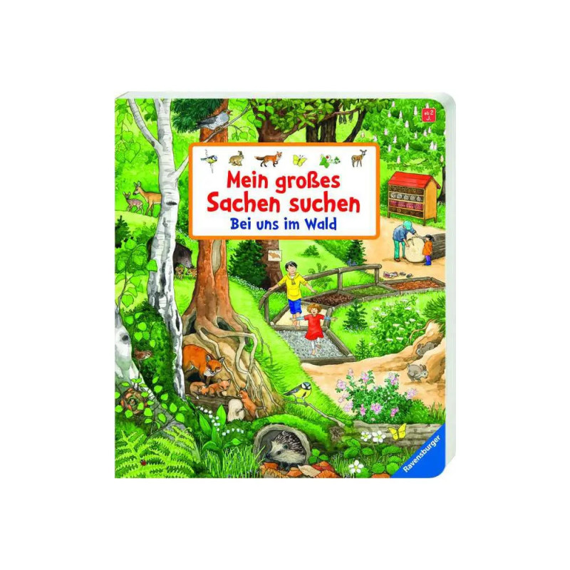 Buntes Kinderbuchcover mit Waldtieren, Bäumen und Spaziergängern deutscher Titel steht oben.