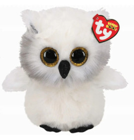 Weiß-graues TY Beanie Boo Eulen-Plüschtier mit großen Glitzeraugen und herzförmigem Ohranhänger.