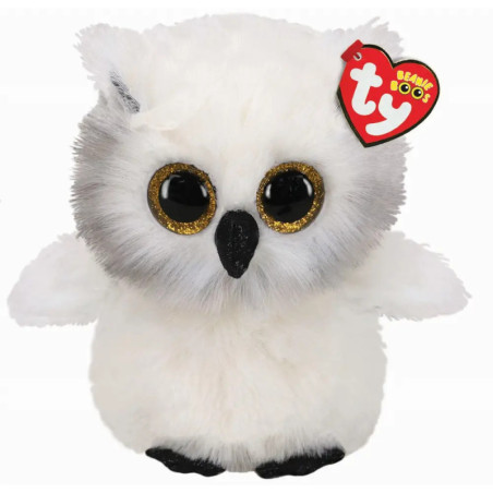 Weiß-graues TY Beanie Boo Eulen-Plüschtier mit großen Glitzeraugen und herzförmigem Ohranhänger.