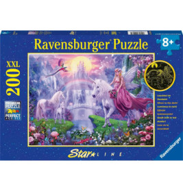 Puzzle mit Motiv: Fee reitet Einhorn durch bunte Fantasielandschaft mit Schloss.