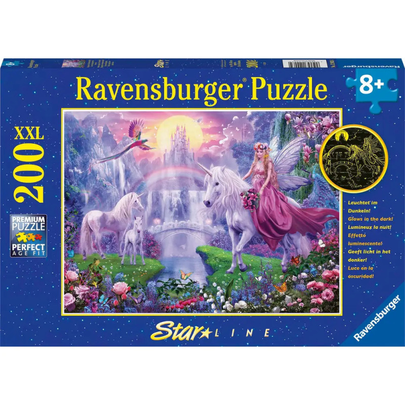 Puzzle mit Motiv: Fee reitet Einhorn durch bunte Fantasielandschaft mit Schloss.