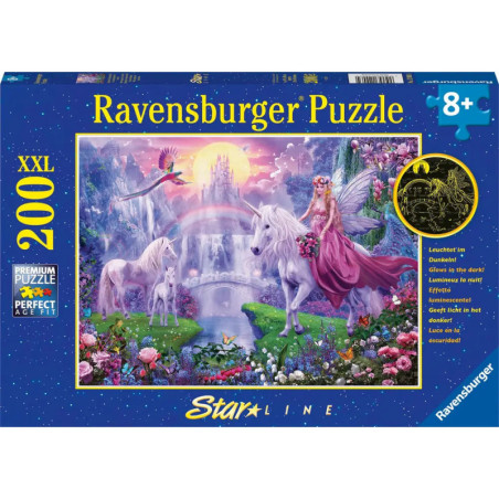 Puzzle mit Motiv: Fee reitet Einhorn durch bunte Fantasielandschaft mit Schloss.