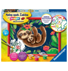 Malset für Kinder mit Faultier auf einem Ast, bunten Farbtöpfen und rotem Rahmen.