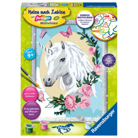 Malset mit weißem Einhorn, pinken Blumen, Schmetterlingen und glitzernd silbernem Rahmen auf der Verpackung. Malset mit weißem Einhorn, pinken Blumen, Schmetterlingen und glitzernd silbernem Rahmen auf der Verpackung.
