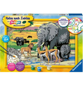 Malen-nach-Zahlen-Set mit afrikanischen Tieren, Farbbehältern und Pinseln, ab 11 Jahren geeignet.