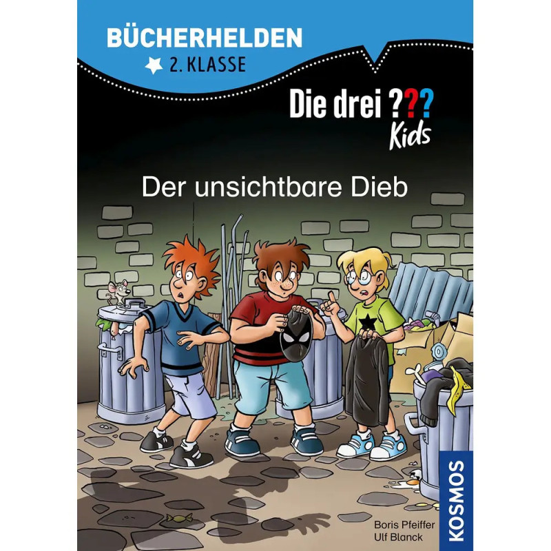Drei Kinder mit Müllsäcken schauen überrascht in einer Gasse mit Mülltonnen auf einem deutschen Krimi-Buchcover.