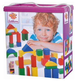 Eichhorn Holzbausteine in bunter Schachtel, darauf ein lächelndes Kind und farbige Bausteine abgebildet.