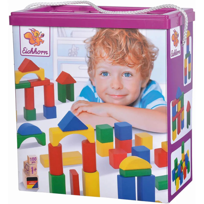 Eichhorn Holzbausteine in bunter Schachtel, darauf ein lächelndes Kind und farbige Bausteine abgebildet.