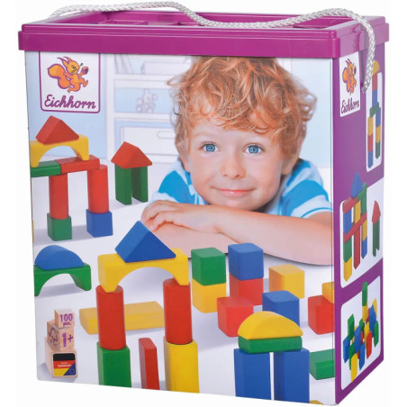 Eichhorn Holzbausteine in bunter Schachtel, darauf ein lächelndes Kind und farbige Bausteine abgebildet.