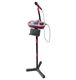 Rosa-schwarze Kinder-Karaokeanlage mit Mikrofonständer und kleinem Ablagefach für Geräte.