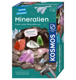 Kosmos-Set zur Mineralien-Expedition für 7-11 Jahre, bebildert mit bunten Mineralien und Grabewerkzeugen.