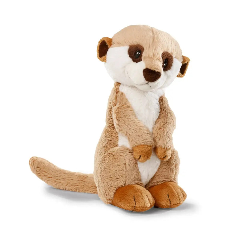 Plüsch-Erdmännchen sitzt aufrecht, mit braun-cremem Fell und freundlichem Gesichtsausdruck. Plüsch-Erdmännchen sitzt aufrecht, mit braun-cremem Fell und freundlichem Gesichtsausdruck.