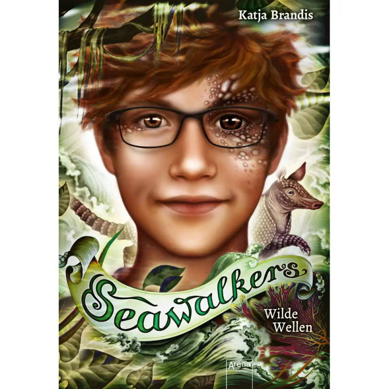 Cover von Seawalkers: Wilde Wellen zeigt einen Jungen mit Brille und Schuppen im Gesicht, umgeben von Pflanzen und einem Seepfer